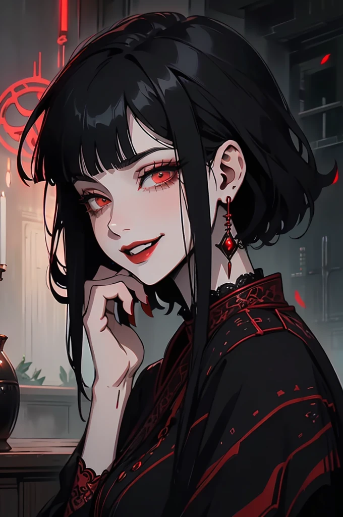 One, young woman, red coat, Red eyes , direct facial treatment, Short hair length, straight hair, straight bangs, color of light and gradient black stripes, Japanese style, long earrings, Snide smile, 48 years old, Japanese Setting, Red lipstick