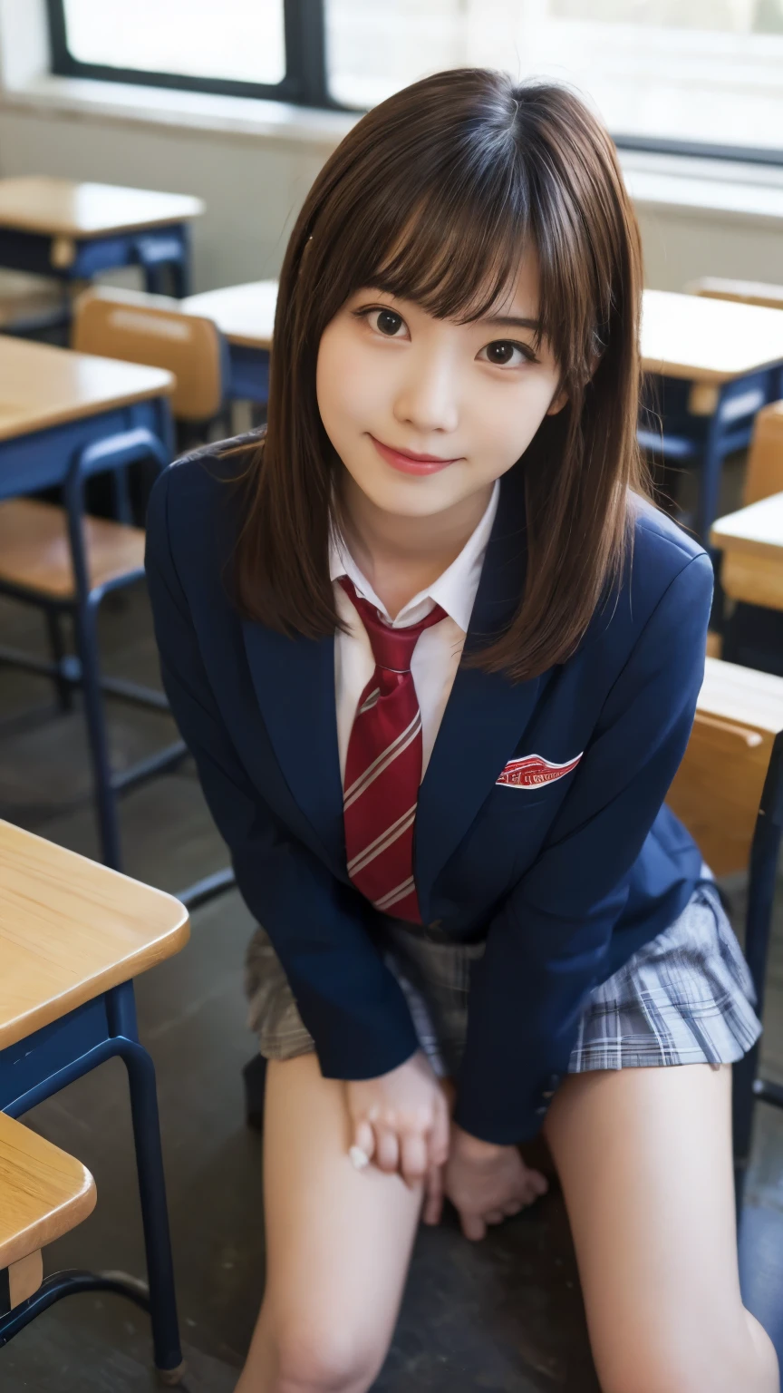 Stand in the classroom of school2Robber Girl,Red Tie Uniform,Dark Blue Blazer,Blue Checkered Mini Skirt,18-year-old,bangs,A small smile,Thighs,knees,From below,Random Pause,pretty girl,Slender girl,