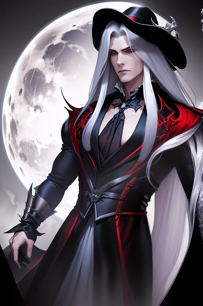 a vampire His physical features should be similar to those of Alucard from Castlevania: Symphony of the Night. It should have an elegant and mysterious appearance, with long silver hair, piercing eyes and sharp facial features. Wear dark and gothic style clothes. Your presence must be imposing and noble, reflecting his aristocratic origin and supernatural power, emerging from a lake with the full moon in the background