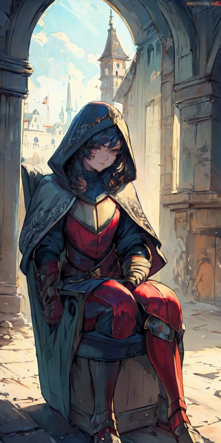 (masterpiece, best quality, absurdness, 4k, aesthetic, detailed, intricate, perfect lighting) cinematic angle, 1sologirl, sitting on throne, elbow rest, castle interior, mask, hood, cape, belt, armor, cloak, red gloves gauntlets, bkcrown