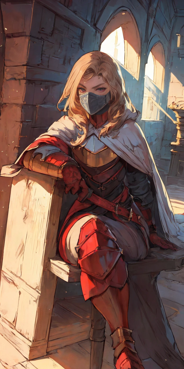 (masterpiece, best quality, absurdness, 4k, aesthetic, detailed, intricate, perfect lighting) cinematic angle, 1sologirl, sitting on throne, elbow rest, castle interior, mask, hood, cape, belt, armor, cloak, red gloves gauntlets, bkcrown