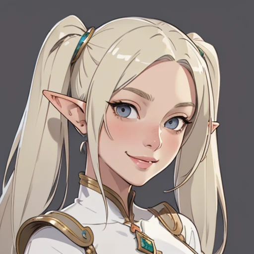 (masterpiece), (best quality),(portrait),(bust up),1girl,solo,(sharp focus),(look at viewer),(selfie),smile,elf,blonde hair,twintails,(elf girl) ,gray eyes, (ancient girl:1), ancient luxurious long clothes,old school fantasy art,((simple background)),super shiny skin,Ultra Glossy face,from front