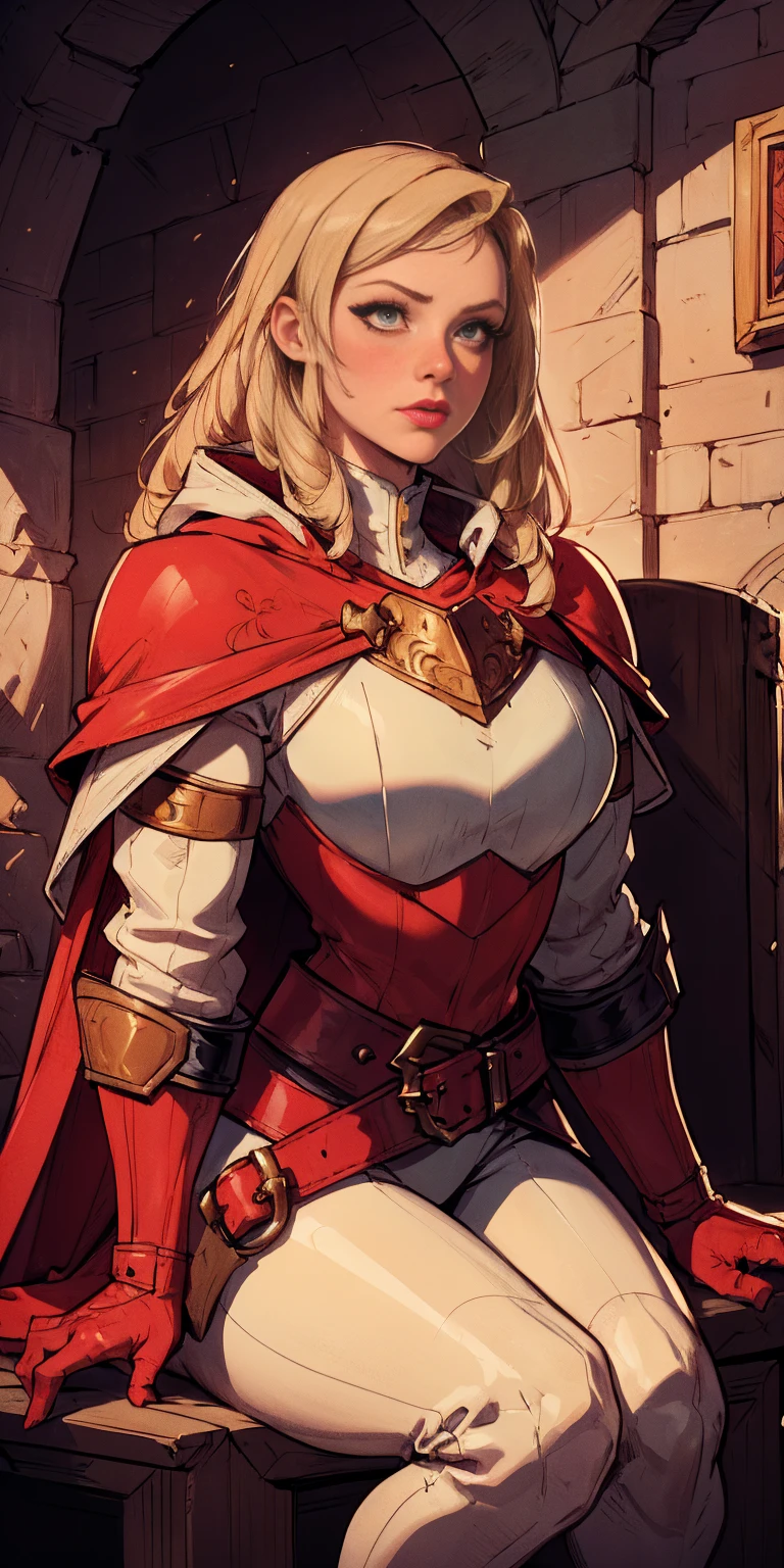 (masterpiece, best quality, absurdness, 4k, aesthetic, detailed, intricate, perfect lighting) cinematic angle, 1sologirl, sitting on throne, elbow rest, castle interior, mask, hood, cape, belt, armor, cloak, red gloves gauntlets, bkcrown