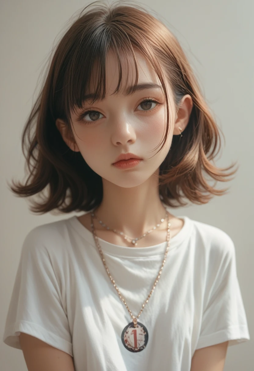 The image is a dynamic anime style illustration of a young girl with hot brown hair, wearing a white shirt with the number 1000 on it and a necklace., anime, anatomically correct, high quality, highres, 4K