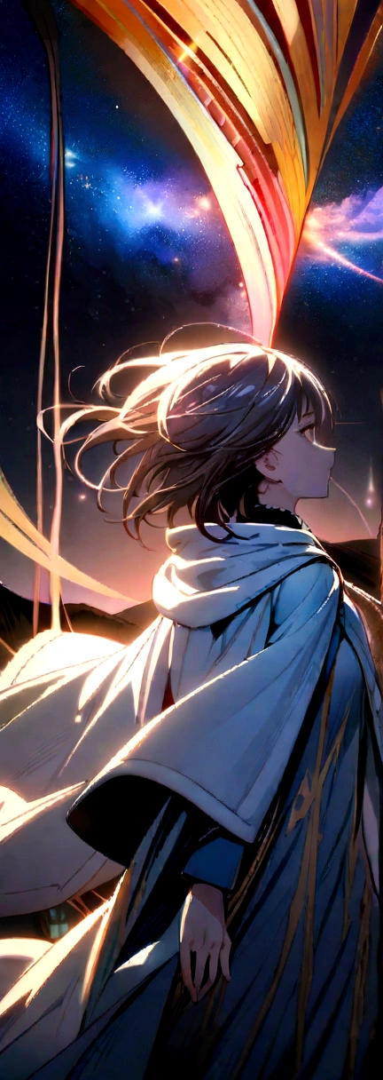 (masterpiece, Highest quality, Highest quality, Official Art, beautifully、aesthetic:1.2), (1 Girl), Very detailed, (Fractal Art:1.3), colorful, Most detailed, Perfect Face, Upper Body, High resolution, (pray:1.3), (Golden lines in a white cloak:1.2), milky way, (Streaks of Light), Impressive visuals, (Dynamic Streaks, Path of Light:1.2), Bright colors,