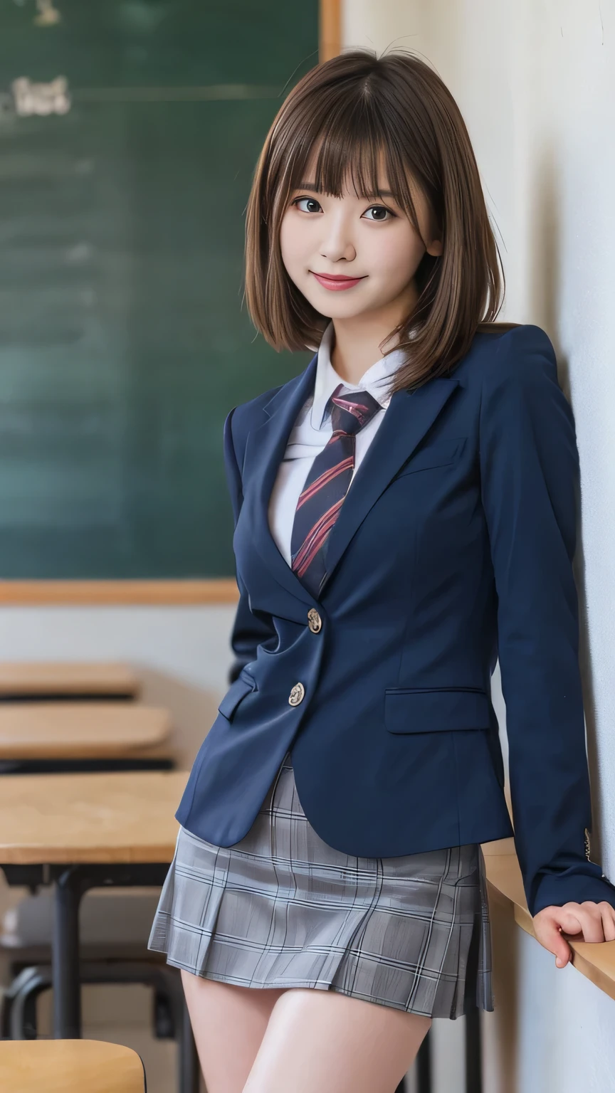 Stand in the classroom of school２Robber Girl,Red Tie Uniform,Dark Blue Blazer,Blue Checkered Mini Skirt,18-year-old,bangs,A small smile,Thighs,knees,From below，Random Pause，pretty girl，Slender girl，