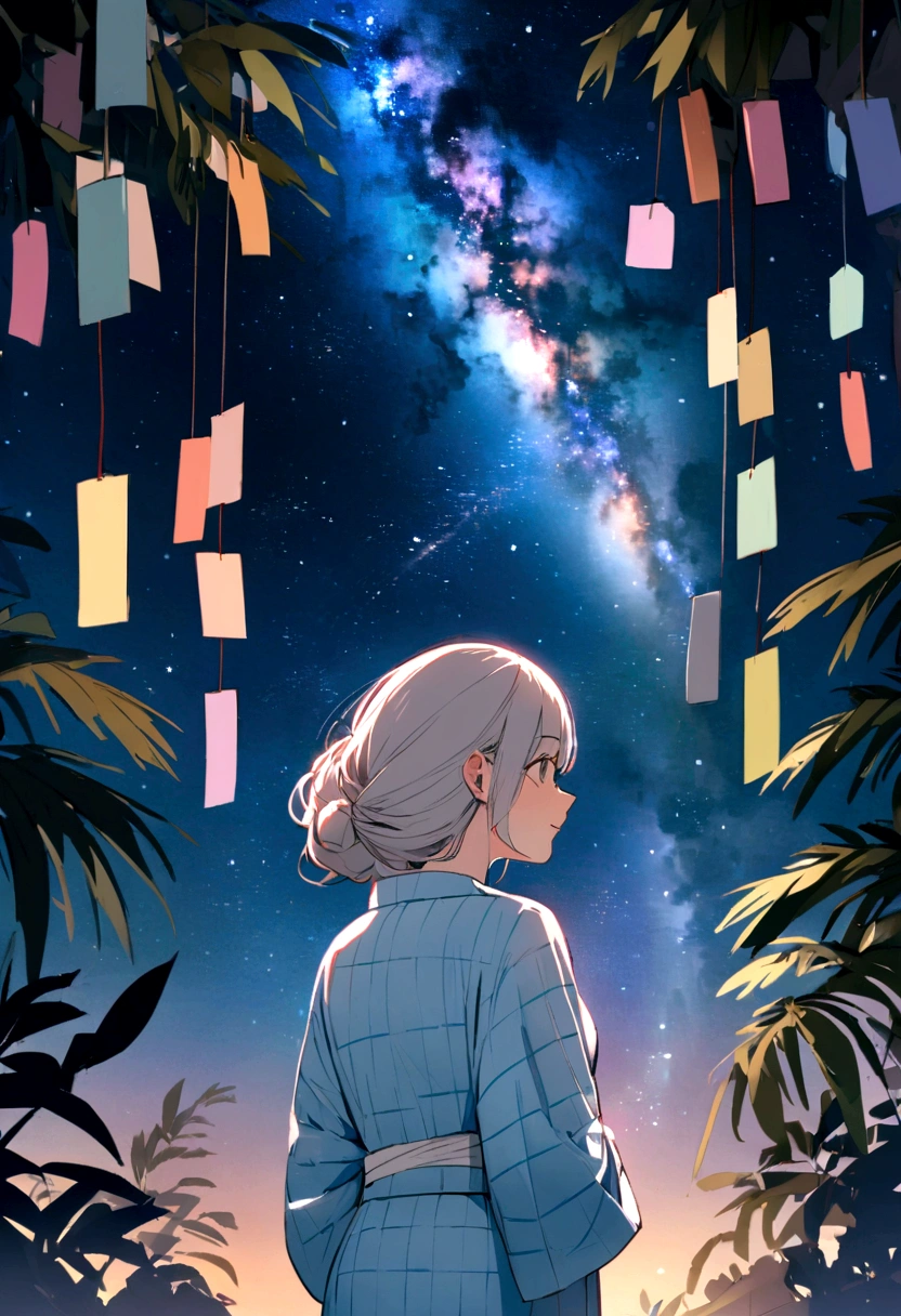 Back view of a woman wearing a light blue yukata,The woman is photographed from a distance,Looking up at the Milky Way,Tanabata,