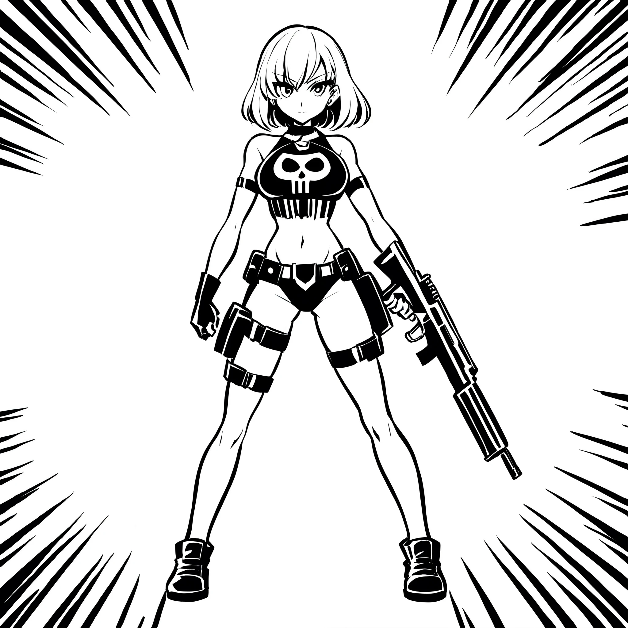 anime artwork of a young sexy punisher woman in a black punisher shirt holding one gun anime manga girl style, entire body in shot, full body shot, anime style, key visual, line art, coloring page, black and white, white background, thick ink lines, studio anime, highly detailed