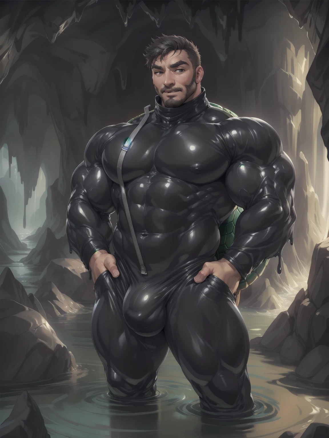 (big black rubber penis:1.5,bulge),standing in black slime tentacles lair,flexing an arm,(((human head:male,bara face,short hair:brown,melting:1))),(in black marble turtle neck,black marble turtle neck suit:1.5 ),(in black cave:1.5),(by ross ,by null-ghost, by thebigslick, by darkgem, by honovy)
