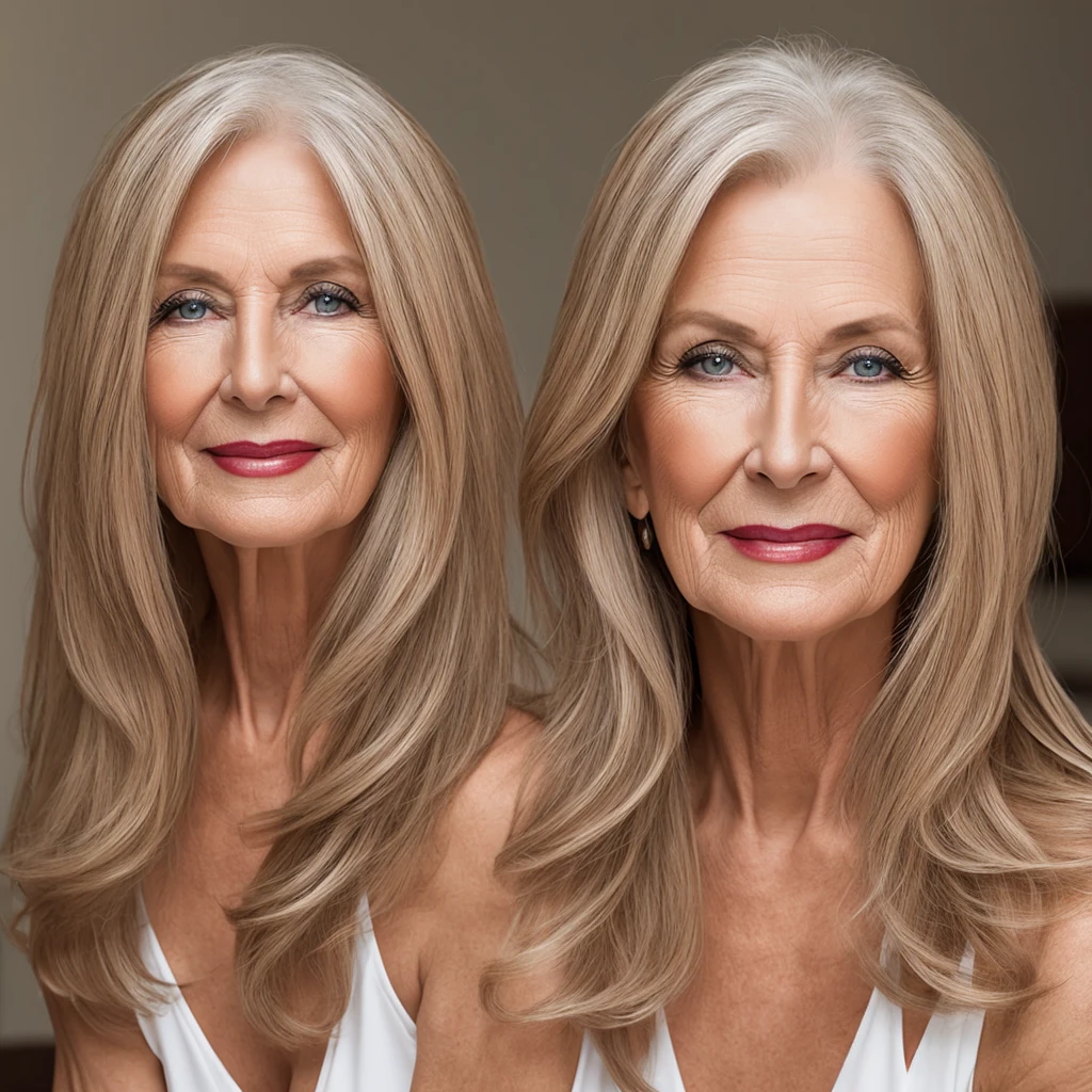 65 year old woman with long blonde hair and dark reddish lips