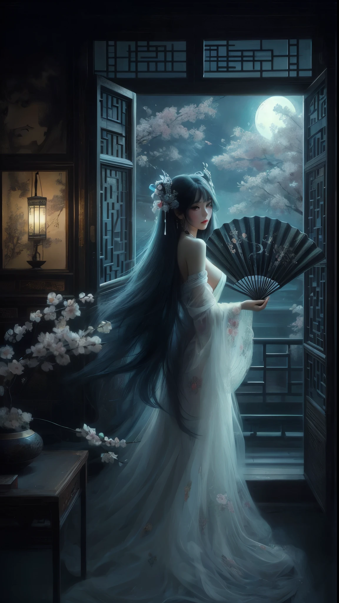 An ultra beautiful Asian woman long blue-black hair, holding a very ultra ornate long black ancient liquored Asian fighting fan, wearing a long white cherry blossom Chinese womans dressing gown, in a darkened room of moonlight streak in through the opened
