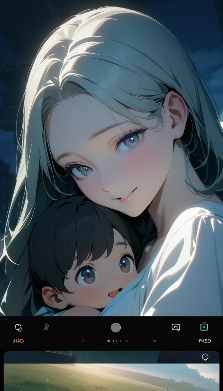(8K, RAW photos, best quality, masterpiece: 1.4), (((Middle-aged woman holding a young child))),Ultra-high resolution, Extremely detailed, light, Upper body close-up, handsome boy, black eyes, (delicate eyes, Eyes are bright:1.2), Gray long hair, Fair skin,dark, White Dress,Simple decoration,(perfect anatomy:1.2), High-quality shadows, Natural Lighting, (White highlights:1.2), night, cloudy day, (Home:1.2), (A happy family:1.2)