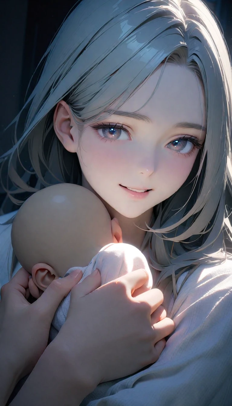 (8K, RAW photos, best quality, masterpiece: 1.4), (((Middle-aged woman holding a )))，Ultra-high resolution, Extremely detailed, light, Upper body close-up, handsome boy, black eyes, (delicate eyes, Eyes are bright:1.2), Gray long hair, Fair skin,dark, White Dress,Simple decoration,(perfect anatomy:1.2), High-quality shadows, Natural Lighting, (White highlights:1.2), night, cloudy day, (Home:1.2), (A happy family:1.2)