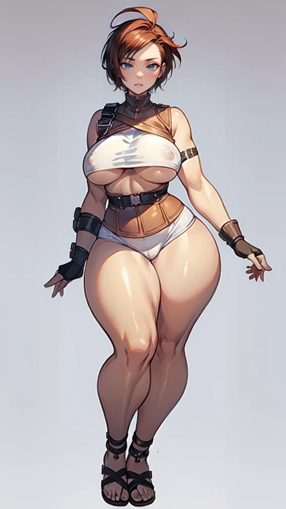 (masterpiece), best quality, female warrior, huge girl, female muscular:1.2, ((very short hair:1.6)), ginger hair, big breast, (curvy:1.8), (((blank background))), ((full body)), fingerless gloves, sandals, sleeveless, covered nipples, (underboobs:1.3), tshirt top, shaved hair, (buzzcut hairstyle), white socks