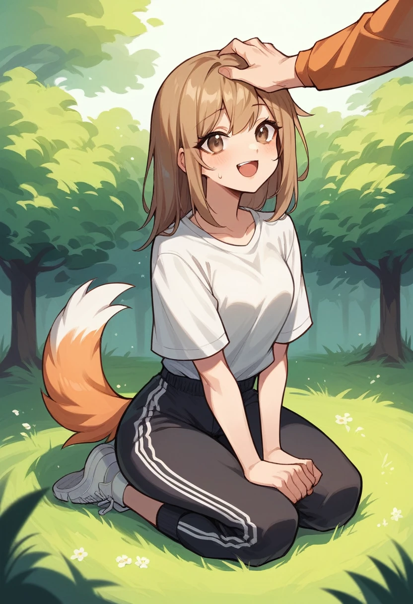 drawing of a girl with long brown hair, light brown eyes, with a smiling expression on her face, wearing a white shirt and a black sweatpants, sitting on the grass floor in her legs, she has an orange cat and the girl He is petting a medium-sized white dog with an orange spot on his face, in a park background