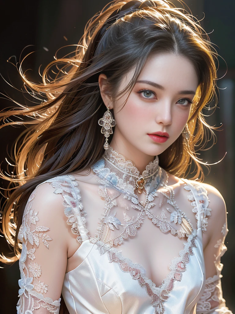 (Highest quality, High resolution, Realistic:1.2), Dramatic lighting, Oil, Detailed skin texture, long flowing hair, Elegant pose, Bright colors, Fine brushwork, Portraiture, Realistic makeup, Strong gaze, Delicate features, Complex background, Professional illustrations、((Lace fabric 1.5)))、Small breasts 1.5、See-through dresses 1.4