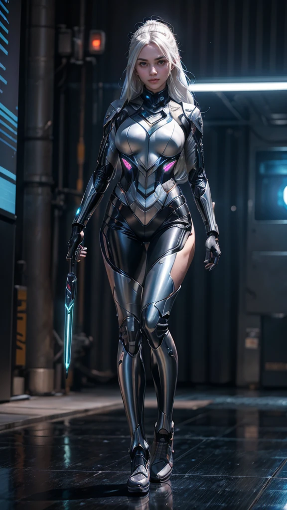 1girl, ultra realistic, ultra crisp, NVIDIA RTX, unreal engine, perfect slim body, realistic face, perfect face, realistic body, epic skin details, white hair, hair blown with strong winds, hyper rendering, ultra details, glowing eyes, purple eyes, blush, parted lips, cybernetic ear, cybernetic metalic hands, cybernetic metalic legs, luminous cybernetic futuristic metalic mechanical body, ultra realistic lights reflection details, ((full body shown)), from below, posing in the middle.