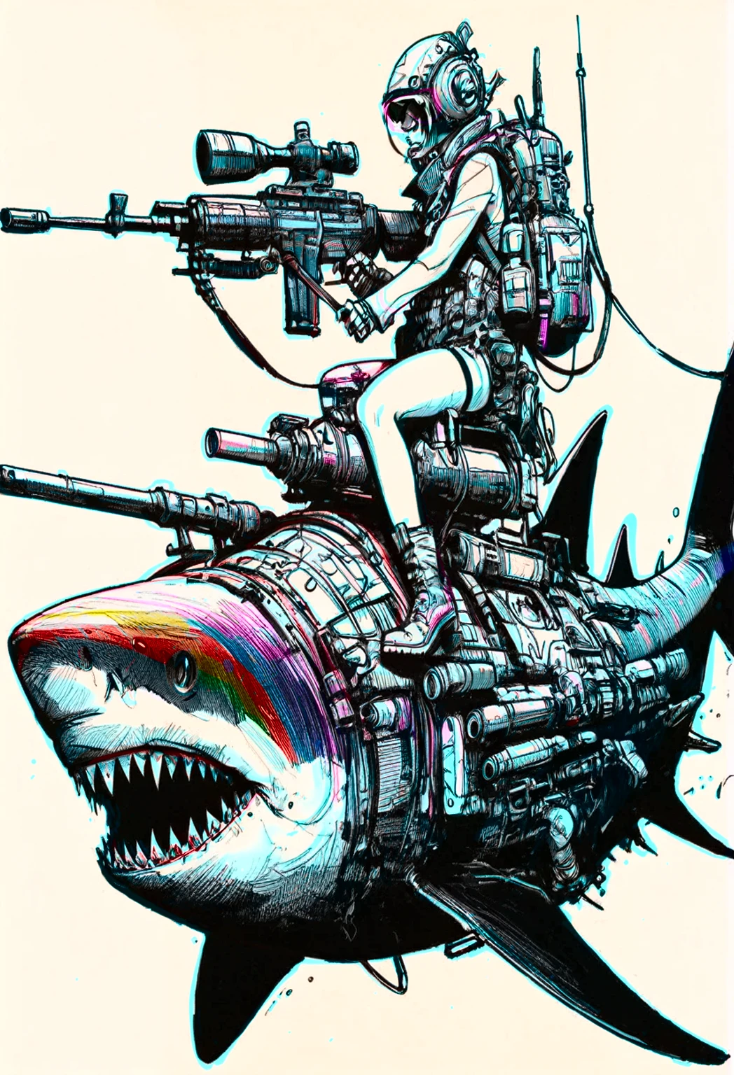 deep sea abyss, darkness, black, shades of grey, VHS, glitch, distorted, nostalgia, 90's retro vibes, analog tape, vcr aesthetics, tv, television, hand drawn, (full roygbiv color) ink charcoal expressive illustration, no light source, darkness, light mask uv rays across face, illustate (jamie hewlett style) tank girl, riding a shark submarine, sketch, unfinished, expressive ink bold line style, cinematic, splash page, wearing deep sea submersion suit, submarine shark sense of movement and energy