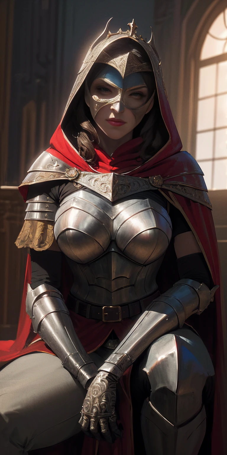 (masterpiece, best quality, absurdness, 4k, aesthetic, detailed, intricate, perfect lighting) cinematic angle, 1sologirl, sitting on throne, elbow rest, castle interior, mask, hood, cape, belt, armor, cloak, red gloves gauntlets, bkcrown