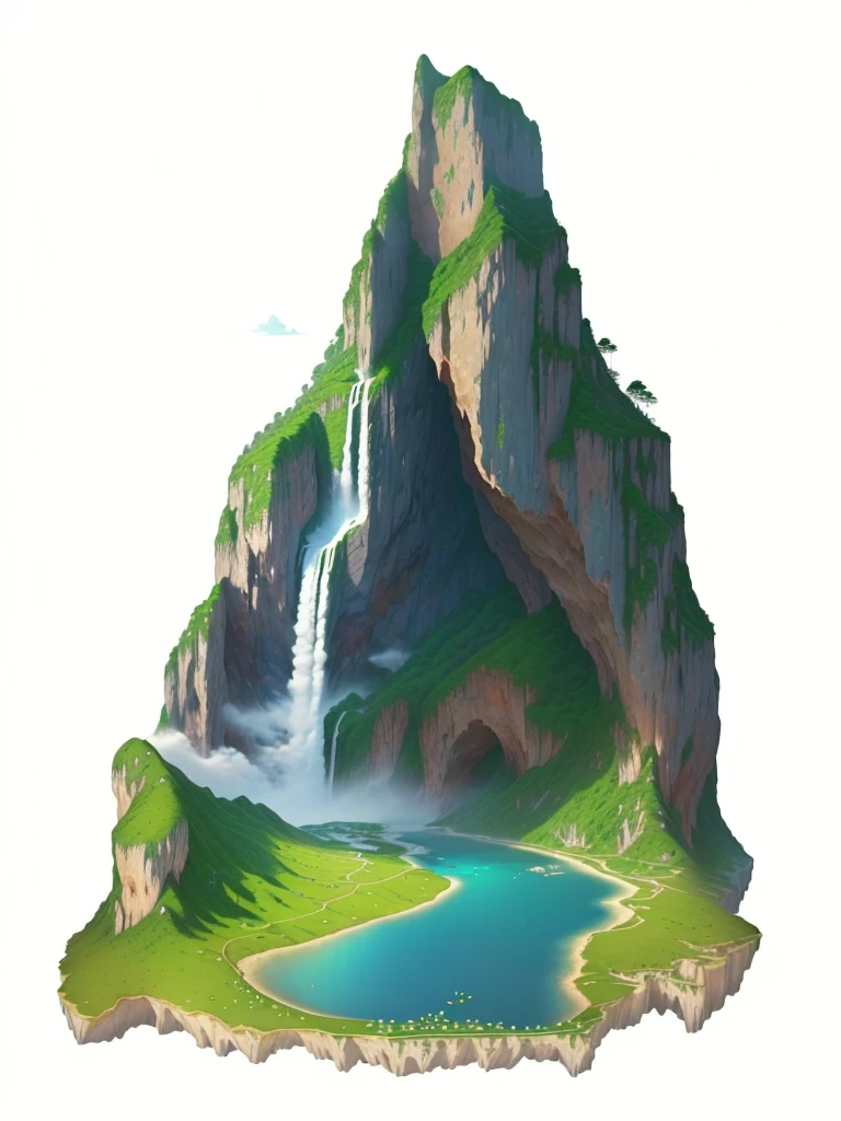 A cartoon illustration，描绘了一座有河流和瀑布的Mountain, Cave with waterfall, Mountain区, Magic glass container pictures, Waterfall Background, Cave environment, Game Icon Assets, Island Background, landscape illustration, Waterfalls and lakes, Waterfall cave, Mountain地背景, Island with caves, Waterfall Background, Natural Environment, Small waterfall, Landscape background, Mountain, scenic environment