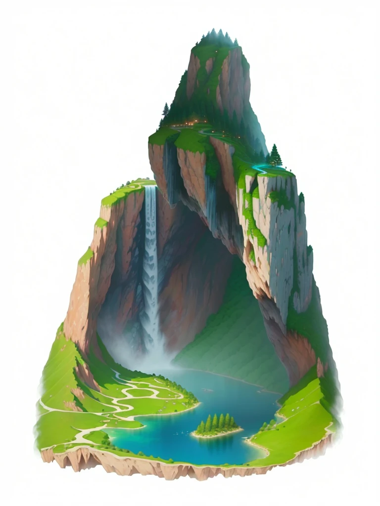 A cartoon illustration，描绘了一座有河流和瀑布的Mountain, Cave with waterfall, Mountain区, Magic glass container pictures, Waterfall Background, Cave environment, Game Icon Assets, Island Background, landscape illustration, Waterfalls and lakes, Waterfall cave, Mountain地背景, Island with caves, Waterfall Background, Natural Environment, Small waterfall, Landscape background, Mountain, scenic environment