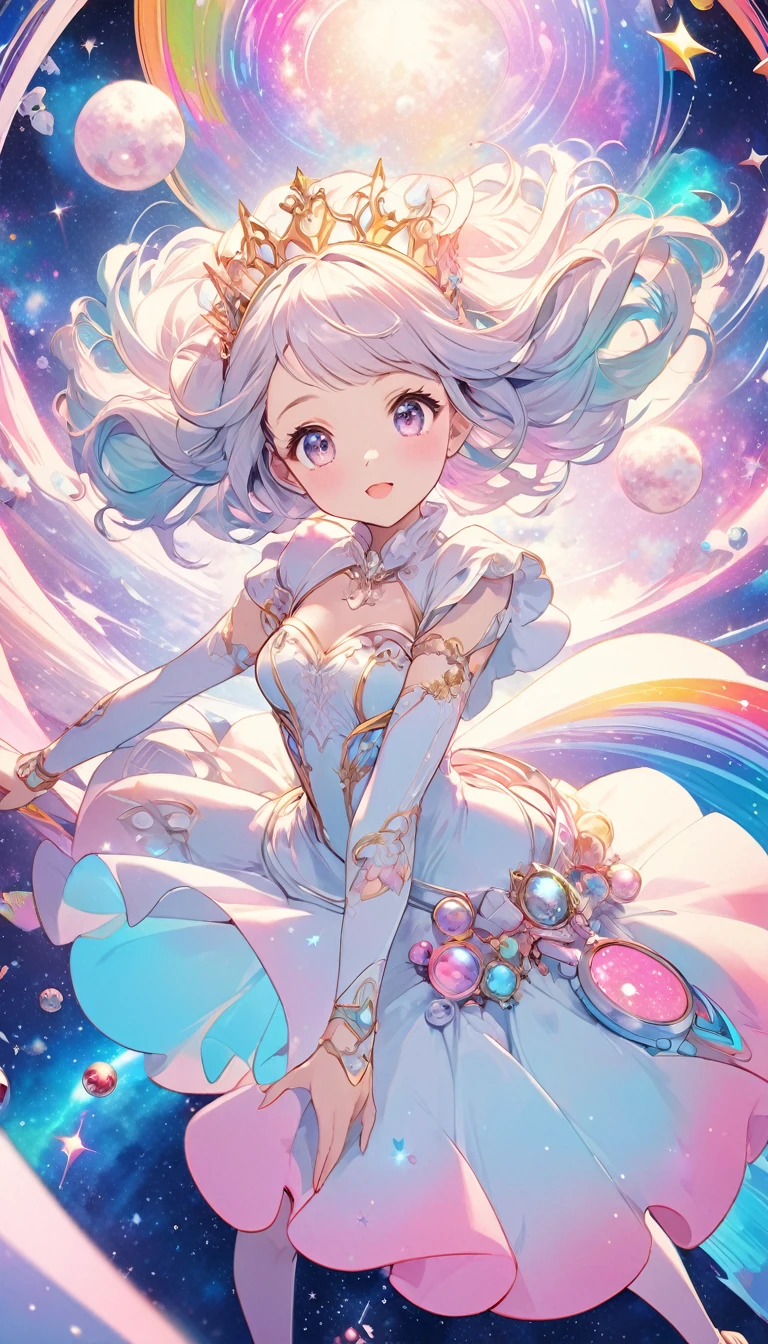 best quality, super fine, 16k, 2.5D, delicate and dynamic depiction, beautiful queen of the new race, Infinite space, fantasy wonderland, zero gravity, cute pastel textures, pop art effects