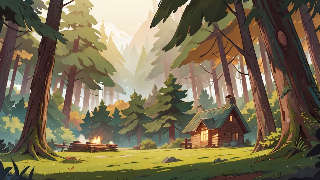 wallpaper, landscape, masterpiece, best quality, autum, forest, glommy, foggy, plants with own light, twilight, cozy log cabin, bonefire,
