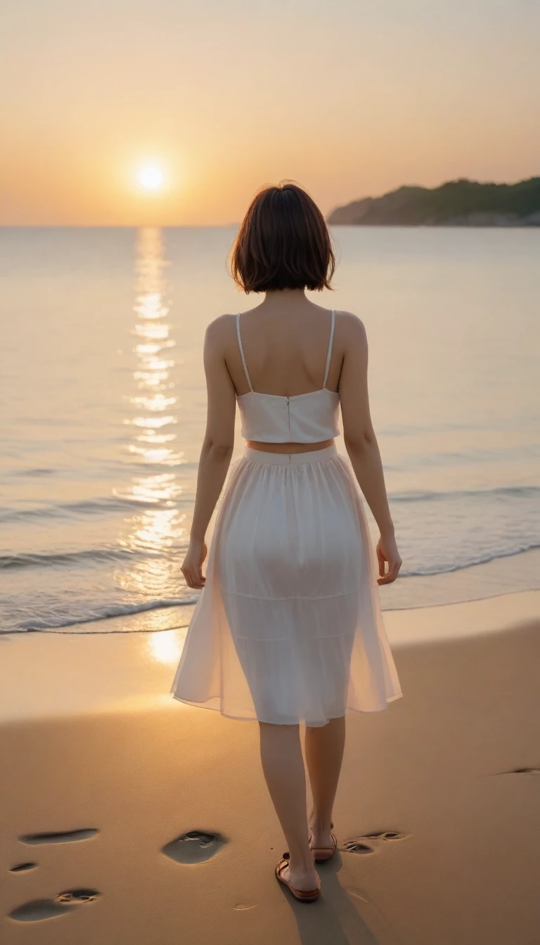 K Realistic, living photos, Realistic appearance of nature, , Woman looking at the sea at sunset. Walking in the distance with a wide angle lens , Back view of an Asian woman wearing a light skirt, burning sunset light, Short hair
