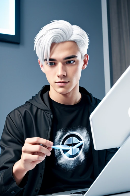 A young man sitting playing with his laptop with white hair, a black t-shirt with a blue coat, Your power is technology., Semi-realism