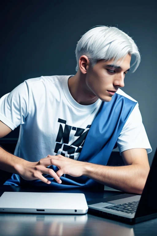 A young man sitting playing with his laptop with white hair, a black t-shirt with a blue coat, Your power is technology., Semi-realism