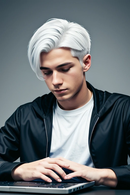 A young man sitting playing with his laptop with white hair, a black t-shirt with a blue coat, Your power is technology., Semi-realism