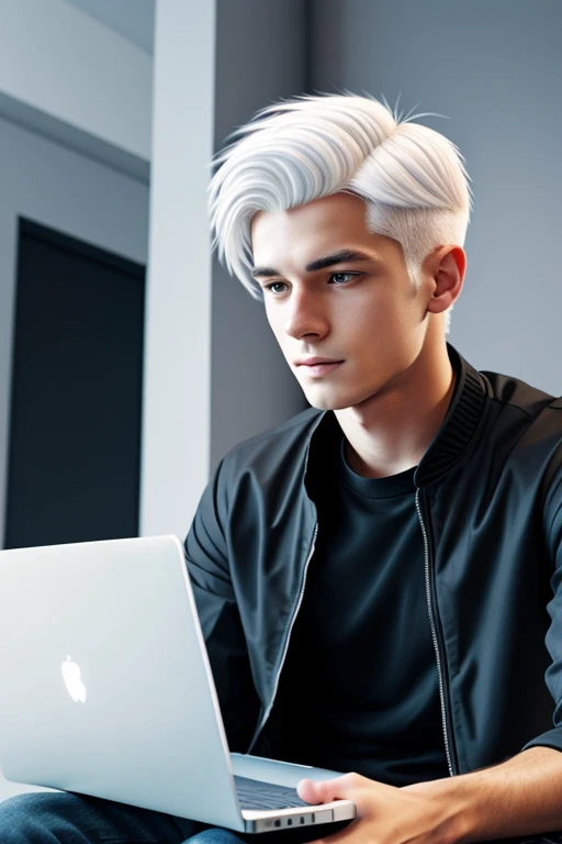 A young man sitting playing with his laptop with white hair, a black t-shirt with a blue coat, Your power is technology., Semi-realism