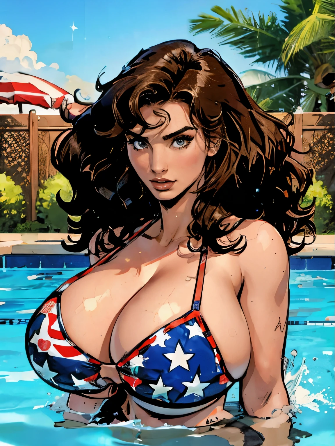 Gorgeous and sultry busty athletic (thin) brunette with sharp facial features and a (big hair) and (huge boobs) wearing a star-spangled bikini, Americana, swimming pool.