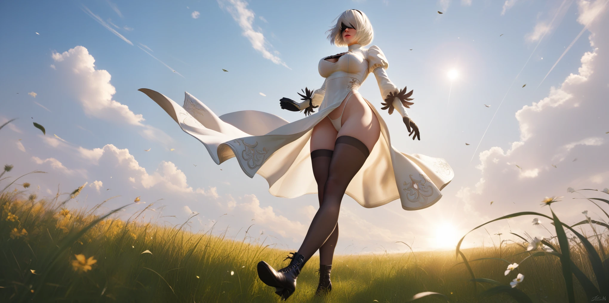 score_9, score_8_up, score_7_up, score_6_up, score_5_up, score_4_up, 1girl, 2b \(nier:automata\) white hair, bob cut, blindfold, voluptuous, large breasts, BREAK (masterpiece:1.2), best quality, high resolution, (illustration:0.8), (detailed eyes:1.3), perfect lighting, (perfect hands, perfect anatomy), white thong leotard, battle_stance, one_leg_raised, field, glow effect, from below,