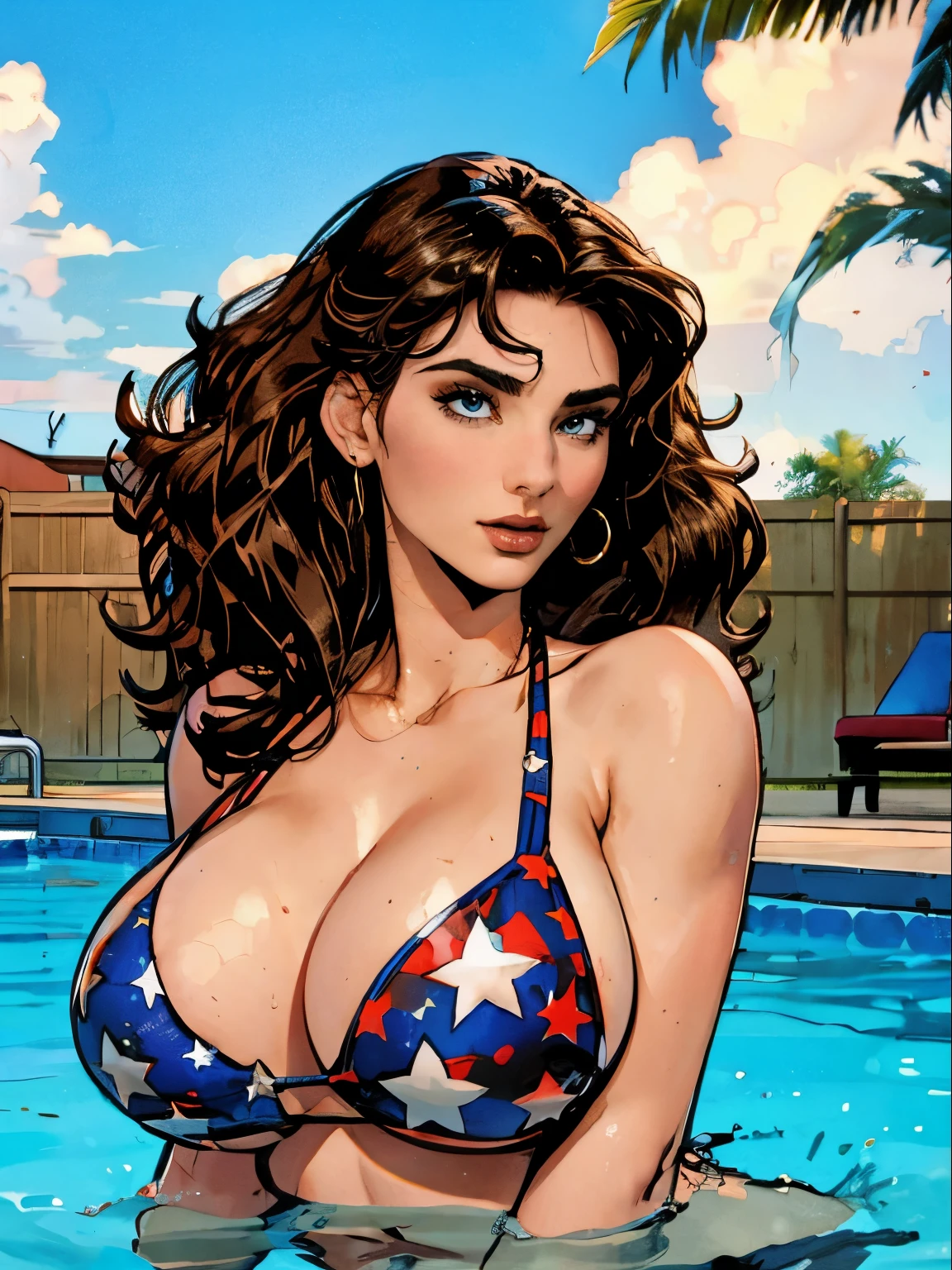 Gorgeous and sultry busty athletic (thin) brunette with sharp facial features and a (big hair) and (huge boobs) wearing a star-spangled bikini, Americana, swimming pool.