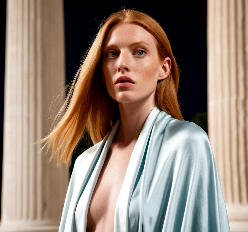 (((Close-up shot from the front))), portrait photos, windy, a wise cool smart keen green Almond eyes short Blonde eyelashes bare-faced rosy fair skin big-boned model with (simple Straight Straight Straight ultra-long ultra-long ultra-long shiny ginger hair) in simple white Draped Cloak over simple white Draped robe. The scene is overgrown Ivy coils around the white marble columns of an ancient Greek temple. soft cinematic lighting, pale blue tone, night.