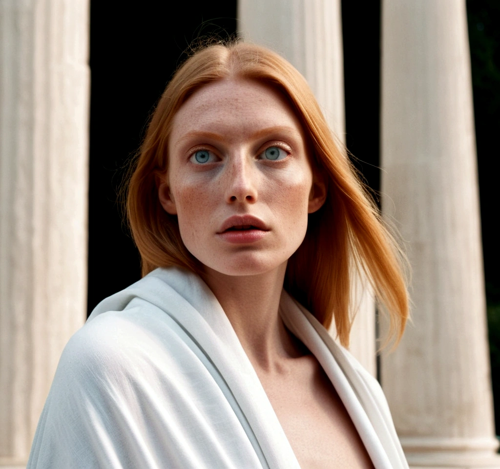 (((Close-up shot from the front))), portrait photos, windy, a wise cool smart keen green Almond eyes short Blonde eyelashes bare-faced rosy fair skin big-boned model with (simple Straight Straight Straight ultra-long ultra-long ultra-long shiny ginger hair) in simple white Draped Cloak over simple white Draped robe. The scene is overgrown Ivy coils around the white marble columns of an ancient Greek temple. soft cinematic lighting, pale blue tone, night.