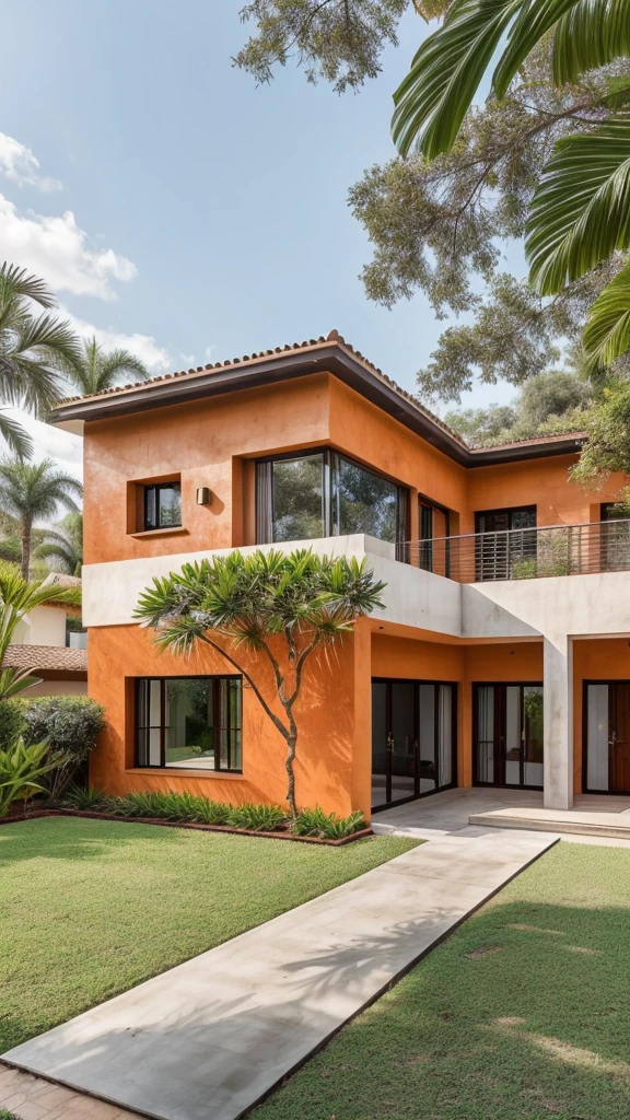 Uma casa laranjada moderna de concreto, paredes na cor Laranja,  floresta tropical, Next to a pond with lots of very ornamental plants, orange walls