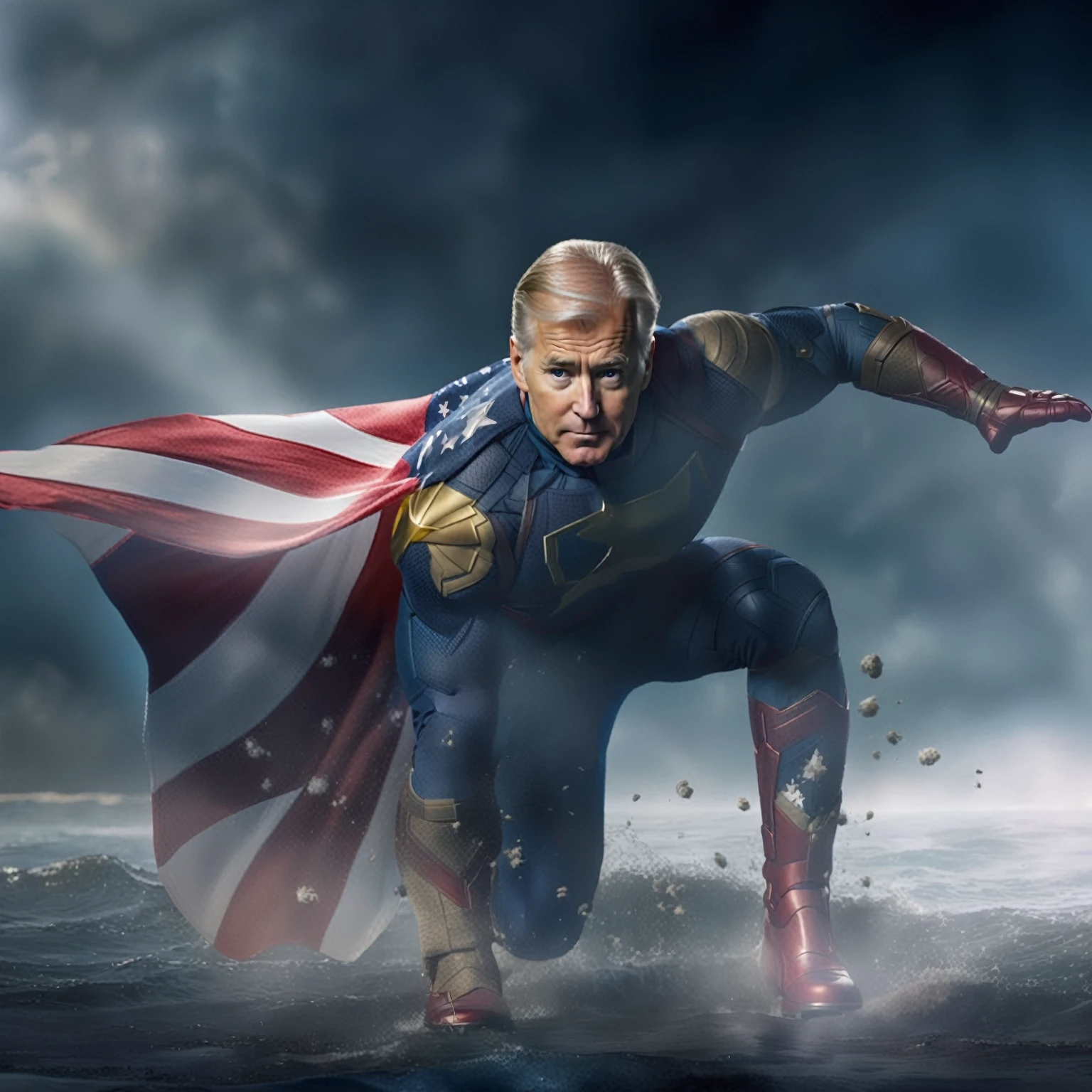 blurred image of a man dressed as a superhero with a flag on his chest, Home Lander from the boys, Home Lander, his cape is the american flag, joe biden as captain america, boys tv show superhero, Justin Hartley como super-homem, saul goodman as captain america, donald trump as captain america, joe biden as superman