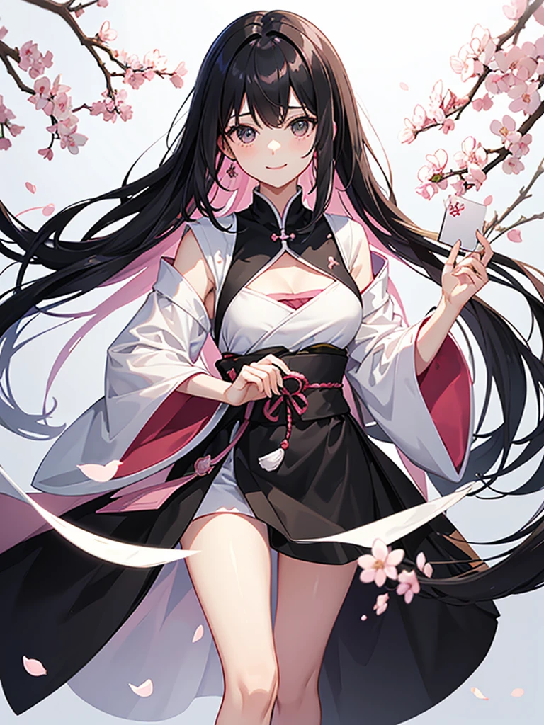 best quality, character design sheet, adult woman、No hat on, Black and pink hair, whole body, Head to Toe, Fortuneteller、Standing facing forward, Beautiful black dress, long Black Hair, Pure white background, from front, best quality, Cherry blossom pattern、Japanese、Adult Japanese、Clear eyes、Standing facing forward、The face is facing forward、holding a magic card in hand、White background、Smiling face、Black western dress、Neutral face、Black hair with pink inner color
