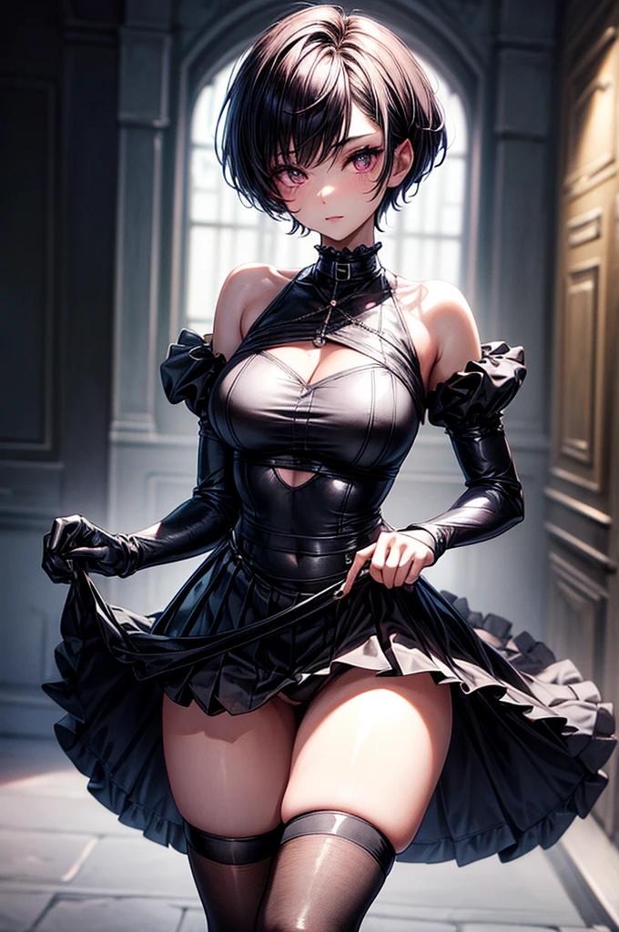 masterpiece, best quality, distinct image, 1 girl, 16 year old ager, off shoulder sport-like crop top, frilly A-line pleated mini skirt, long thigh-high tights worn underneath, solo. sharp facial features, oval shaped face, cherry pink lip, lightly tanned white skin, velvet-colored eyes, tall height(175cm), slim yet chiseled body-type, dark violet-black hair, short pixie cut hairstyle, slender legs, curvy hips stretching the dress, full body image, gothic style environment