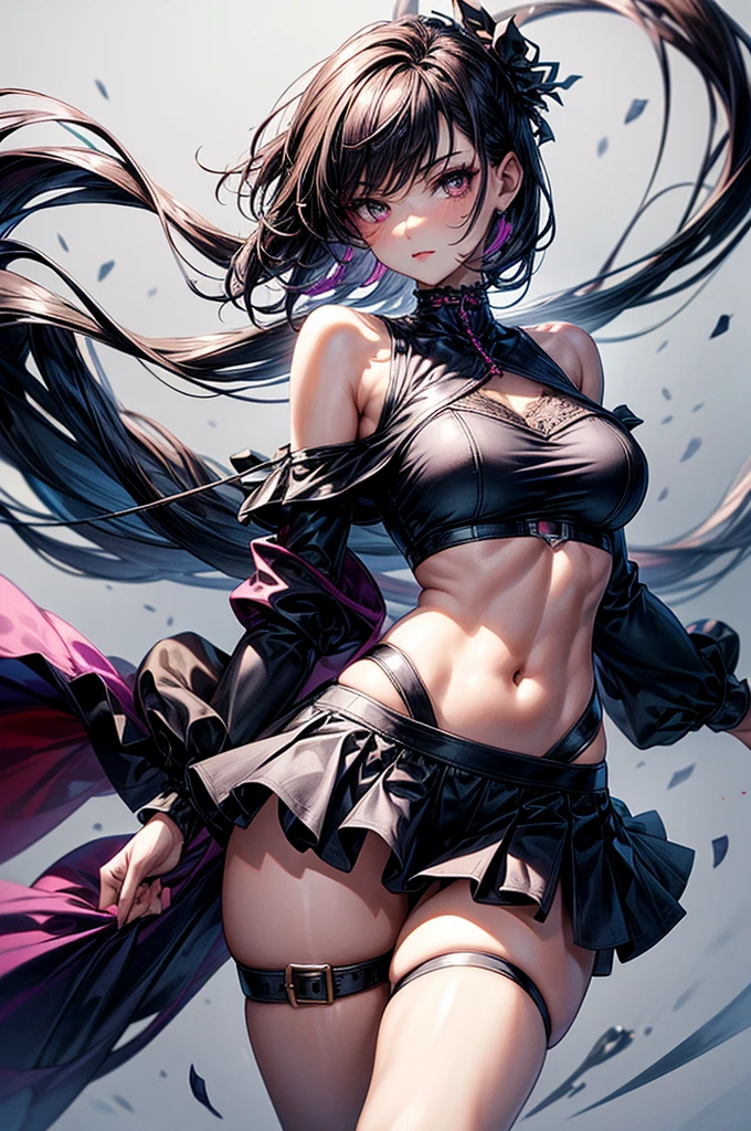 masterpiece, best quality, distinct image, 1 girl, old teenager, off shoulder sport-like crop top, frilly A-line pleated mini skirt, long thigh-high tights worn underneath, solo. sharp facial features, oval shaped face, cherry pink lip, lightly tanned white skin, velvet-colored eyes, tall height(175cm), slim yet chiseled body-type, dark violet-black hair, short pixie cut hairstyle, slender legs, curvy hips stretching the dress, full body image, gothic style environment