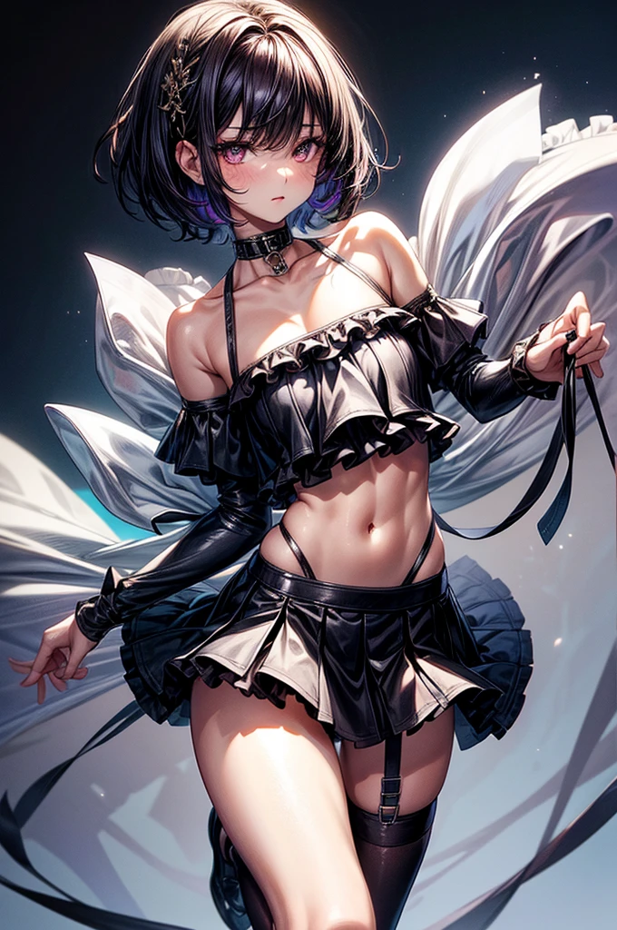 masterpiece, best quality, distinct image, 1 girl, 16 year old ager, off shoulder sport-like crop top, frilly A-line pleated mini skirt, long thigh-high tights worn underneath, solo. sharp facial features, oval shaped face, cherry pink lip, lightly tanned white skin, velvet-colored eyes, tall height(175cm), slim yet chiseled body-type, dark violet-black hair, short pixie cut hairstyle, slender legs, curvy hips stretching the dress, full body image, gothic style environment