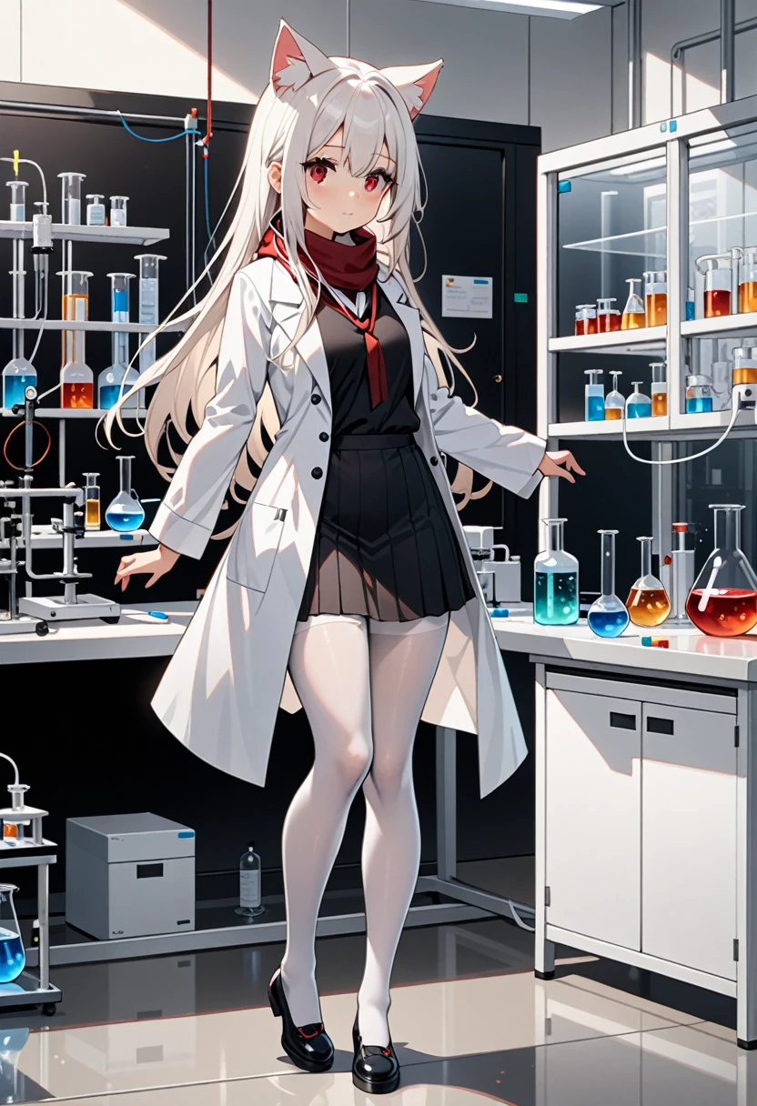 masterpiece, highest quality, highest resolution, clear_image, detailed details, White hair, long hair, cat ears, 1 girl, red eyes, white lab coat (with a black short skirt), white pantyhose, white scarf (around the neck), cute, full body, no water marks, laboratory, no extra limps, no extra body