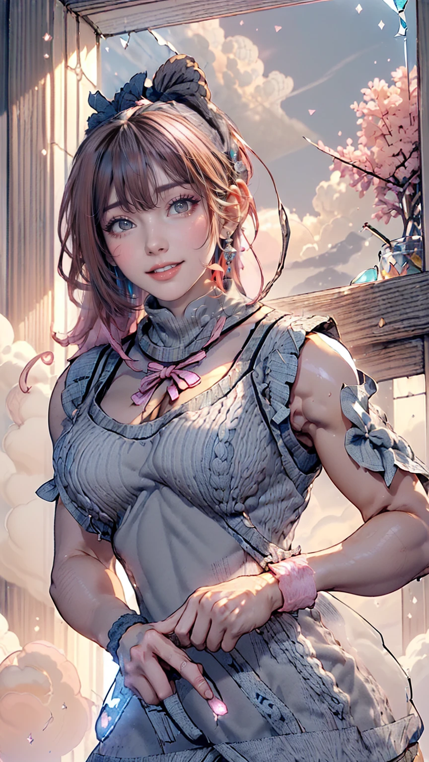 ((((Highest quality))))、(((Ultra-precision CG16K wallpaper)))、(((masterpiece)))、(((Very detailed)))、(((Attention to detail)))、((129 year old mature woman:1.6))、((人のとてもbeautiful日本の顔))、((Urizane Face:1.8))、((Soft wavy ponytail medium length hair、Blunt bangs:1.8))、(((Glowing pink hair:1.5)))、繊細に描かれたbeautiful顔、Dark Eyes、double eyelid、High nose、Small nostrils、Small Mouth、Seductive lips、beautiful breasts、((C cup size breasts))、beautiful feet、eight-headed body、Perfect proportions、Perfect Anatomy、Perfect composition、beautiful detailed shading、beautiful, Natural light、beautiful detail glow、Written boundary depth、(((High chroma)))、(((Genuine:1.9)))、((Vivid:1.5))、((beautiful Skin))、((Skin Texture))、((Genuineな皮膚感))、(((Cowboy Shot:1.6)))、((Front view、Shoot from the front、Front Low Angle:1.6))、(((Half-open mouth、Surprised face:1.3)))、((Women are watching this、View your viewers:1.6))、Bright sunlight、Natural light、(((Glass Square、cloud:1.5)))、(Standing pose:1.6)、(((Dark grey high neck sleeveless summer knit mini dress:1.6)))、((Scrunchie Ribbon、Wear earrings:1.5))、((Lace Stockings Clothed))、