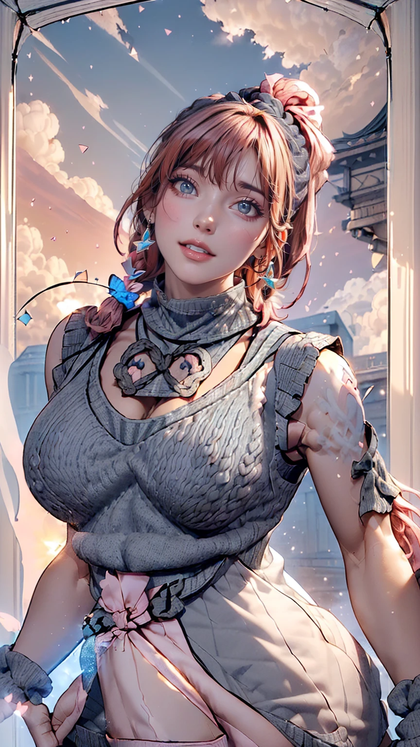 ((((Highest quality))))、(((Ultra-precision CG16K wallpaper)))、(((masterpiece)))、(((Very detailed)))、(((Attention to detail)))、((129 year old mature woman:1.6))、((人のとてもbeautiful日本の顔))、((Urizane Face:1.8))、((Soft wavy ponytail medium length hair、Blunt bangs:1.8))、(((Glowing pink hair:1.5)))、繊細に描かれたbeautiful顔、Dark Eyes、double eyelid、High nose、Small nostrils、Small Mouth、Seductive lips、beautiful breasts、((C cup size breasts))、beautiful feet、eight-headed body、Perfect proportions、Perfect ???????、Perfect composition、beautiful detailed shading、beautiful, Natural light、beautiful detail glow、Written boundary depth、(((High chroma)))、(((Genuine:1.9)))、((Vivid:1.5))、((beautiful Skin))、((Skin Texture))、((Genuineな皮膚感))、(((Cowboy Shot:1.6)))、((Front view、Shoot from the front、Front Low Angle:1.6))、(((Half-open mouth、Surprised face:1.3)))、((Women are watching this、View your viewers:1.6))、Bright sunlight、Natural light、(((Glass Square、cloud:1.5)))、(Standing pose:1.6)、(((Dark grey high neck sleeveless summer knit mini dress:1.6)))、((Scrunchie Ribbon、Wear earrings:1.5))、((Lace Stockings Clothed))、