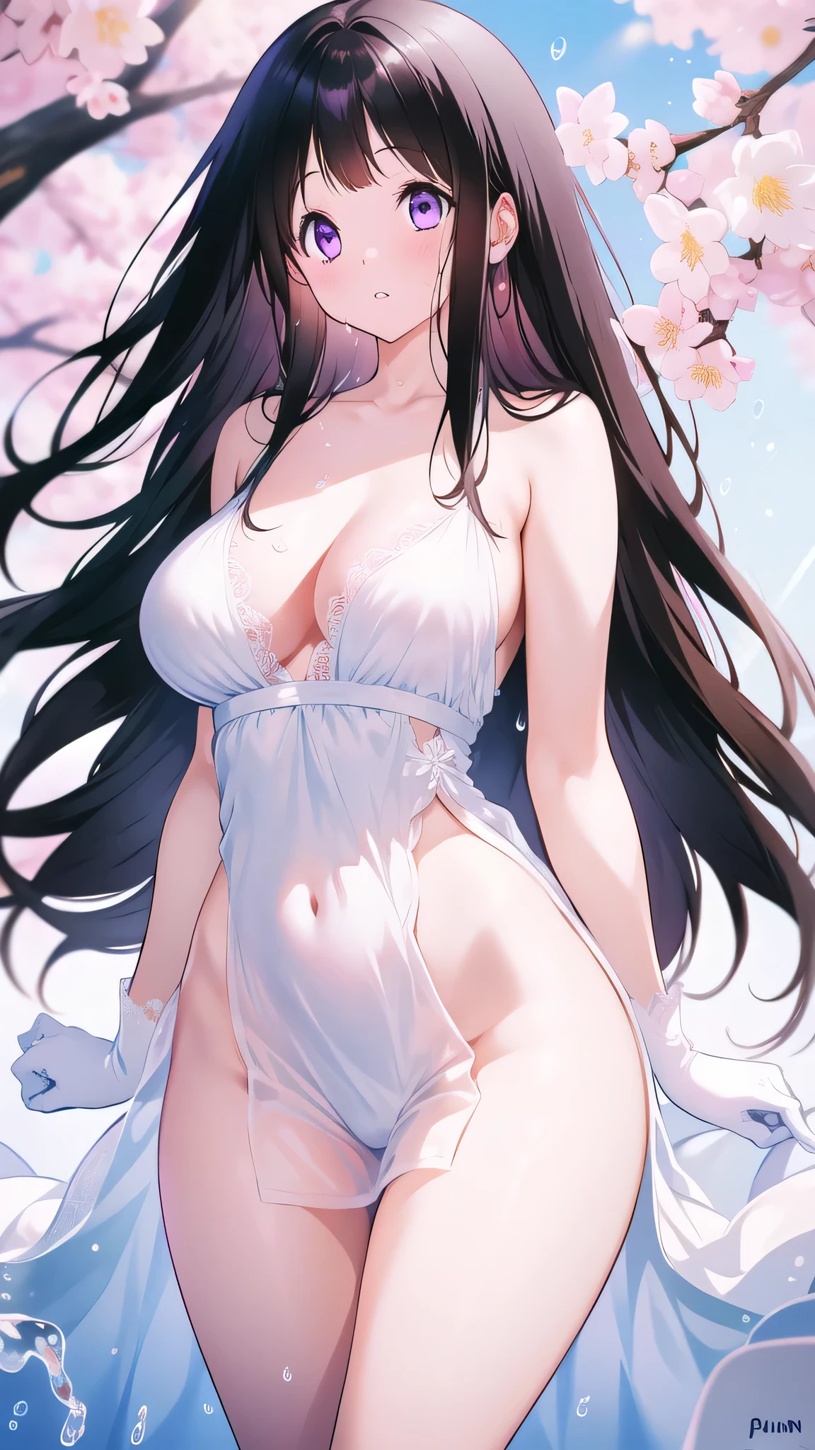 Amazing Chitanda, There is only one beautiful girl,Purple Eyes, Black Hair, Very red face,Very white skin,Glowing skin,Skin as delicate as porcelain,Naturally straight hair, Straight bangs,Extremely refined,Open lips,Long flowing hair,Beautiful Girl, Like a dream,Slim,Slim waist,soft, (sensuous), (Kawaii), Dream quality,Beautiful big breasts,Sheer loose dress,areola,Completely naked,Lower edge of breast,White gloves,Flower decoration,Deep V neckline,Loose neckline,White lace-up,Wide neckline,In school,The wind blows the hair,Place your hands on your inner thighs,Thighs clamp hands,Wet skin,Sweaty and sweaty,Sweating all over,it is raining,Next to the cherry blossom trees,Back to,Lean over,Hips,Side body,Gluteal groove,Completely naked buttocks,Bare back,Completely naked back,Light transmission,(no pants),nopan,pussy juice,Bare shoulders,There are no shoulder straps,Bare neck,Exposed collarbone,Exposing breasts,Exposing breasts side,Exposing breasts,Show your waist,Show your buttocks,Show your thighs,Exposing the groin,(No pants),extremely shy,Ultra-high resolution, (masterpiece:1.2, best quality), (Delicate and beautiful eyes: 1.2), (Beautiful and delicate face)