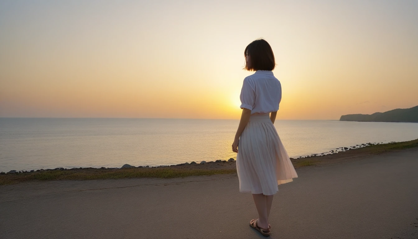 K Realistic, living photos, Realistic appearance of nature, , Woman looking at the sea at sunset. Walking in the distance with a wide angle lens , Back view of an Asian woman wearing a light skirt, burning sunset light, Short hair