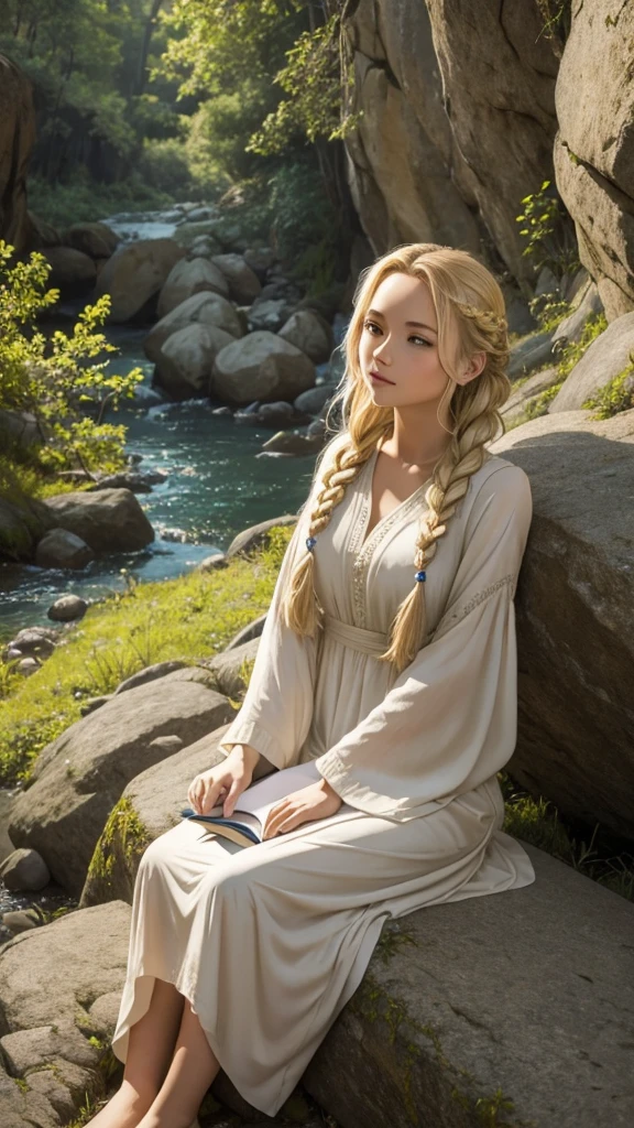 Blonde with braided hair and long dress sitting on her back sitting on a rock reading a book