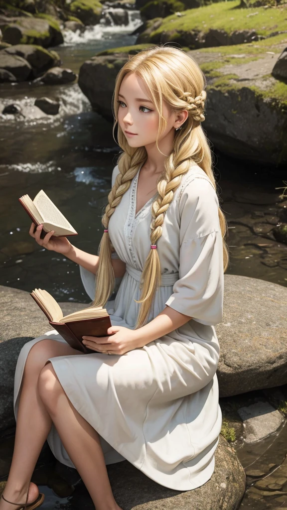 Blonde with braided hair and long dress sitting on her back sitting on a rock reading a book